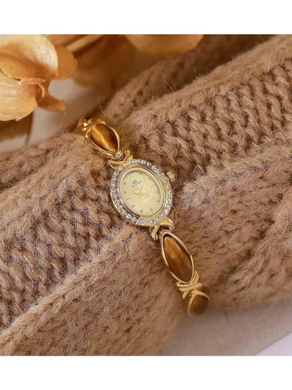 Women Diamond Brown Gold Analog Quartz Oval Dainty Vintage Bracelet Luxury Watch
